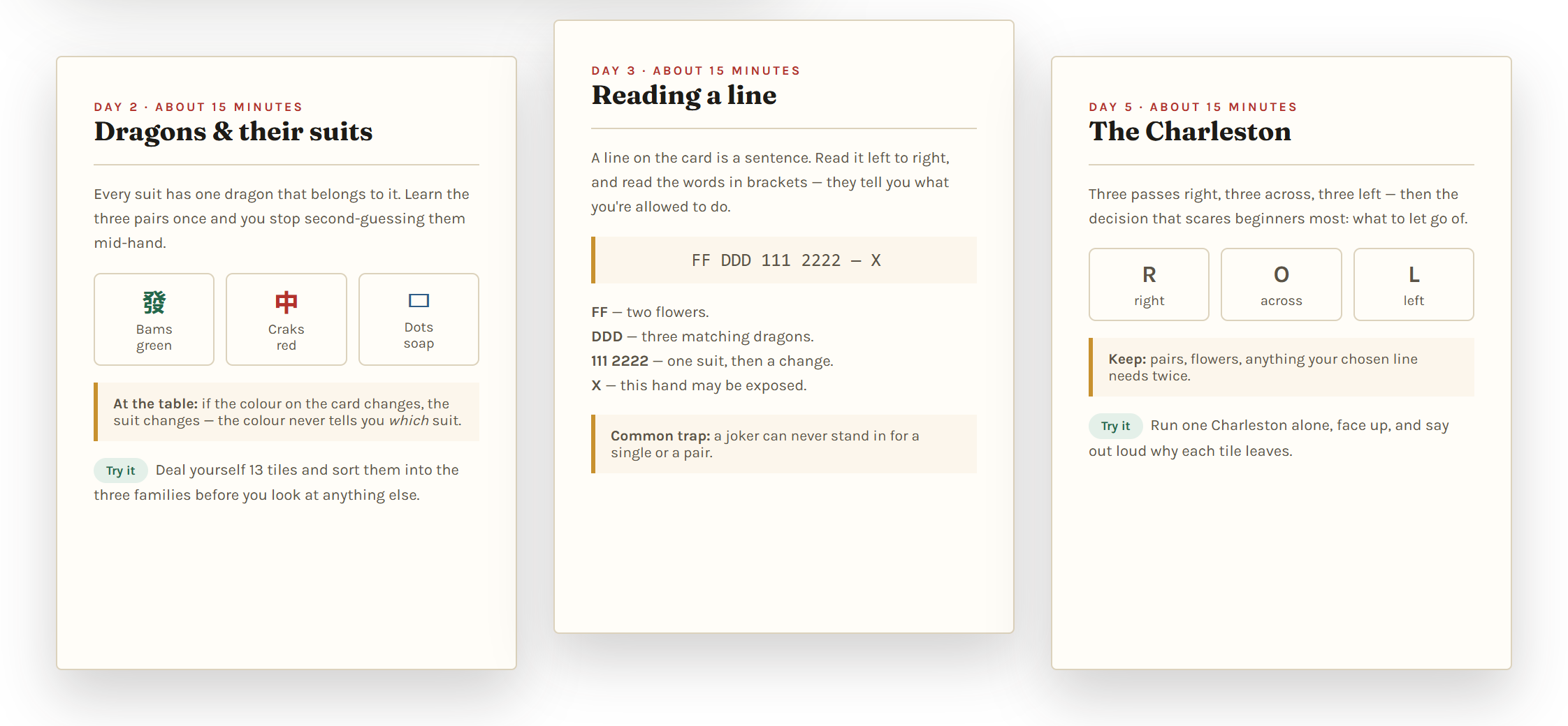 Two facing pages from the guide, showing a decoded line and a practice hand